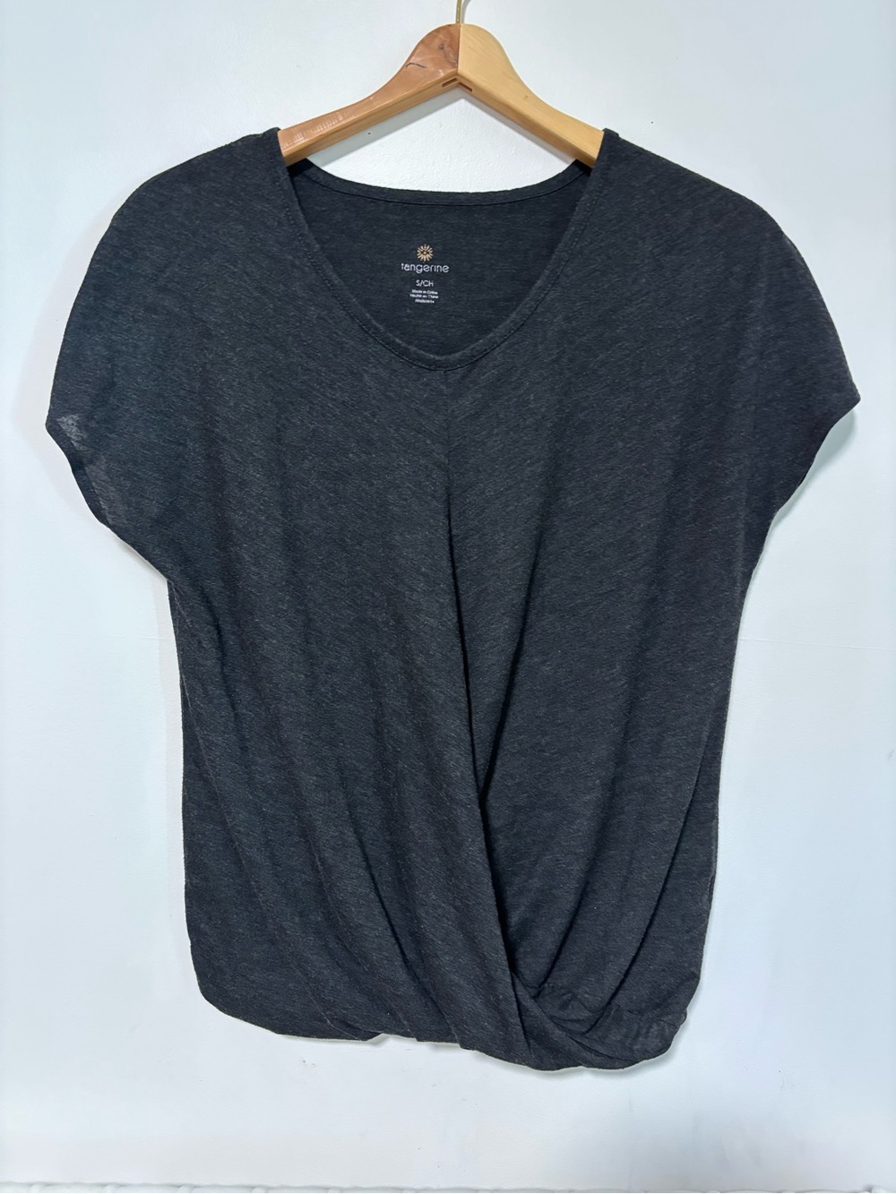 Tangerine Dark Charcoal V‑Neck Twist Front Short Sleeve Top